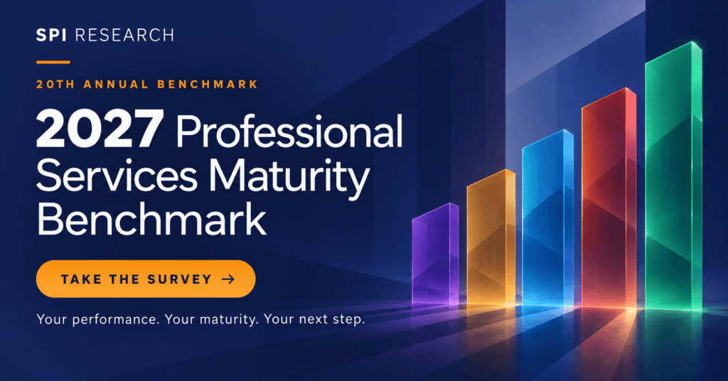 SPI Research 2027 Professional Services Maturity Benchmark survey, featuring five coloured maturity pillars.